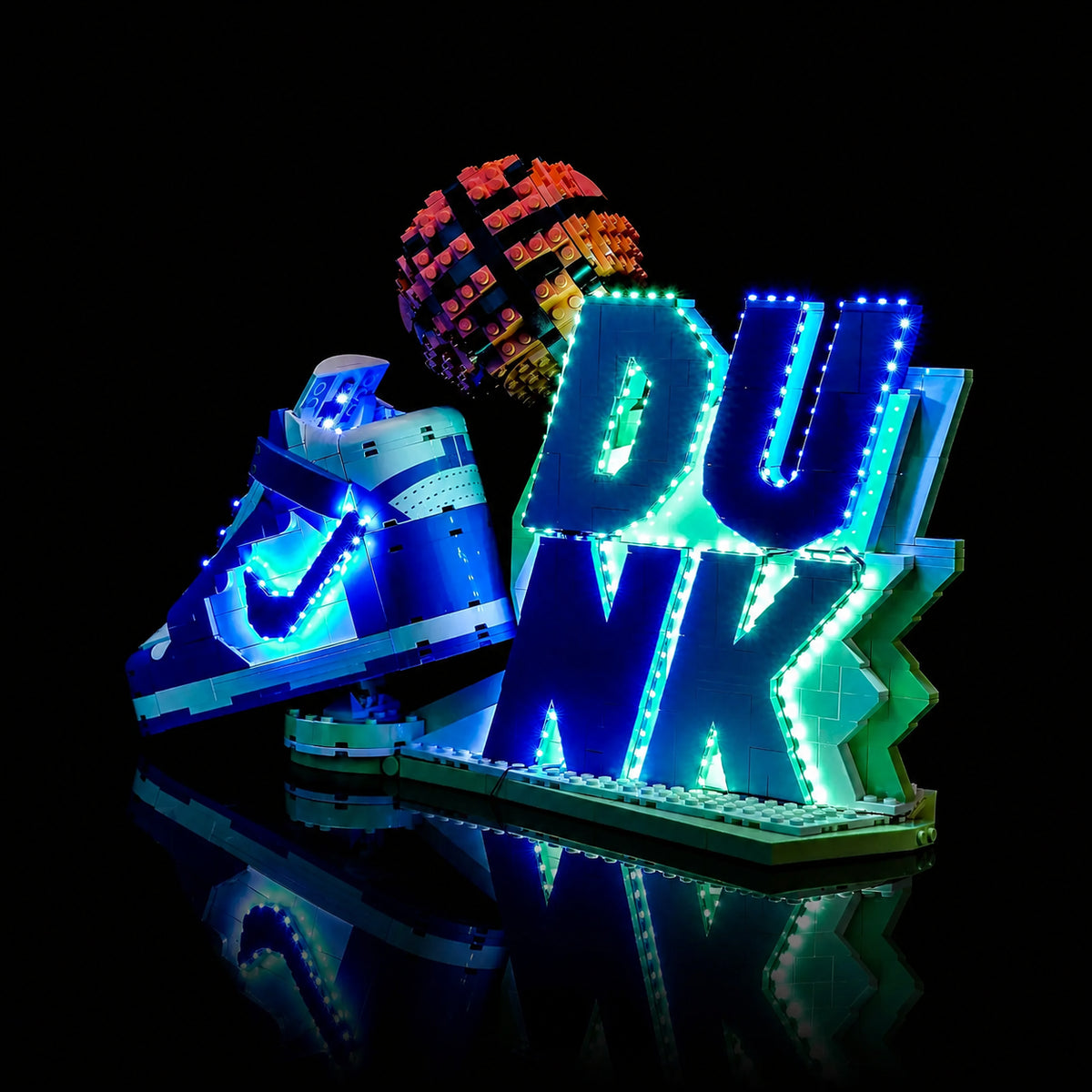 LEGO® Nike Dunk #43008 illuminated at night, with the LED light kit