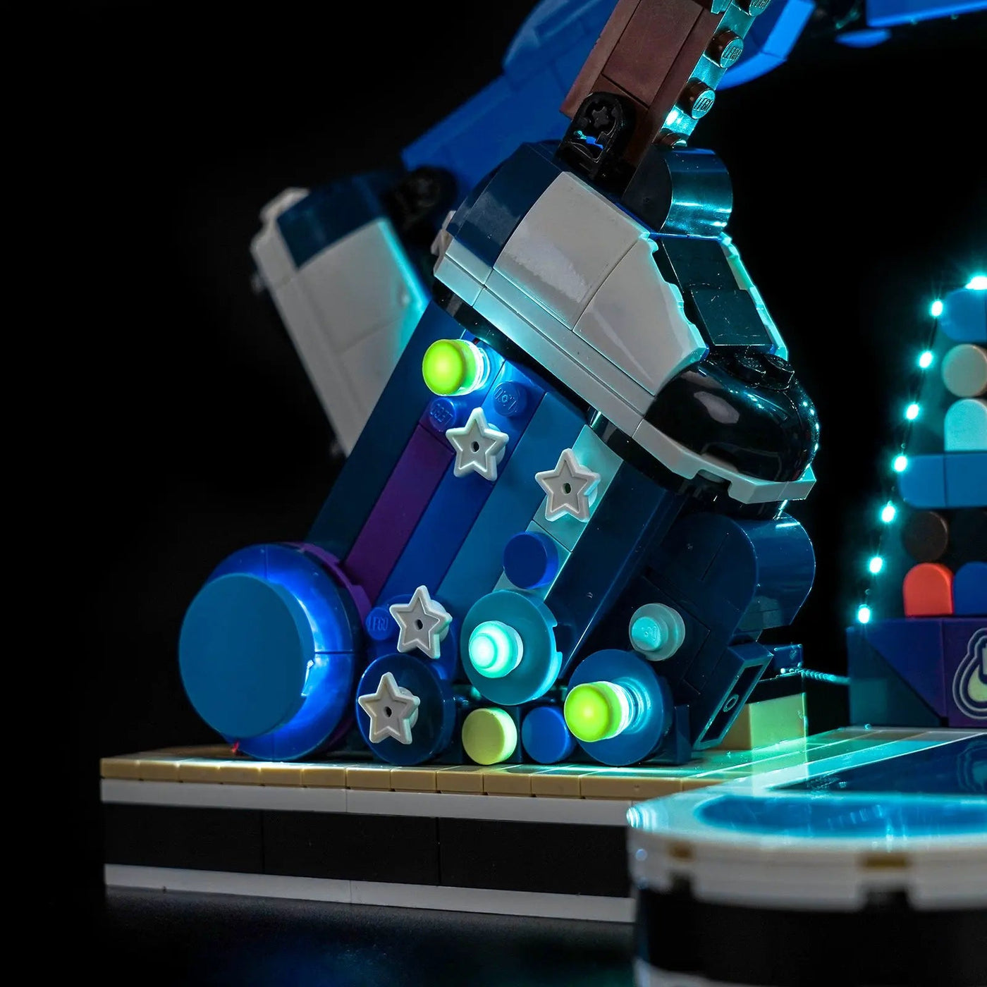 LEGO® Nike Slam Dunk #43010 illuminated at night, with the premium LED light kit
