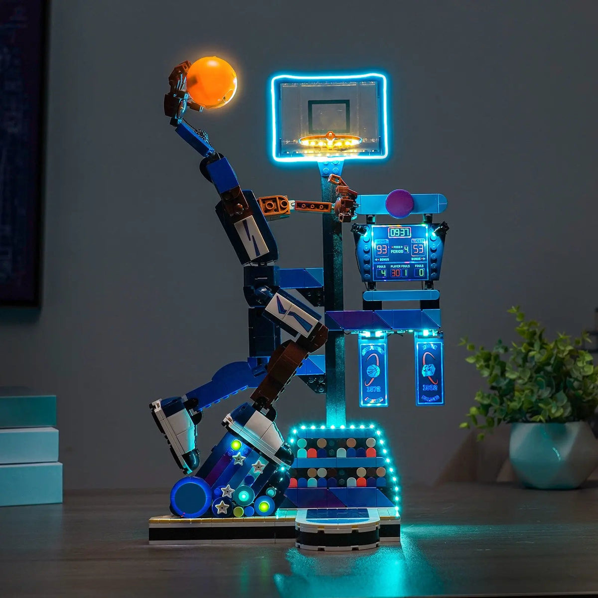 Bright My Bricks RGB LED light kit for LEGO® Nike Slam Dunk #43010 — display lighting in a dark room