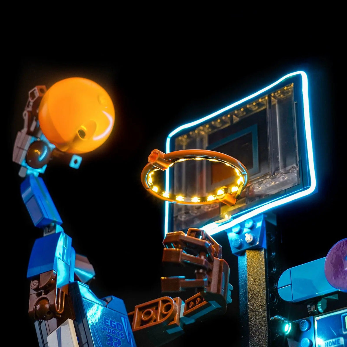 LEGO® Nike Slam Dunk #43010 front view fully lit, with the USB-powered LED light kit