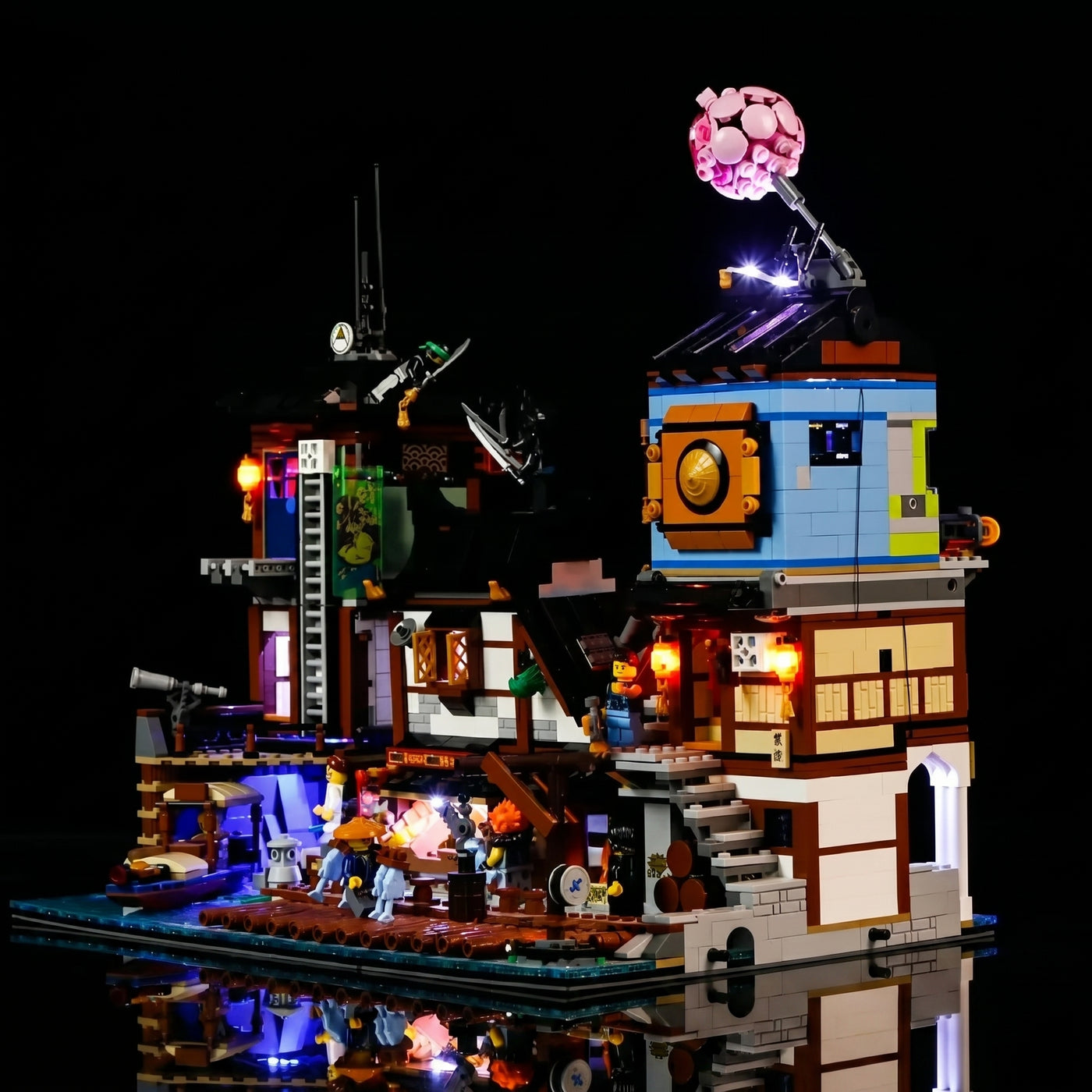USB-powered LED light kit for LEGO® NINJAGO City Docks #70657, front view fully lit