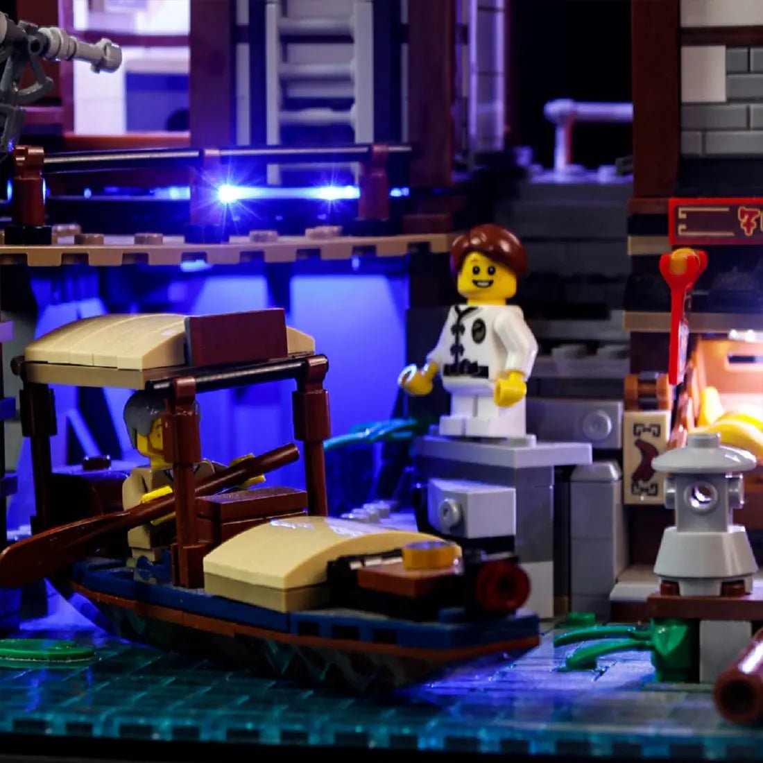 LEGO® NINJAGO City Docks #70657 — front view fully lit (LED lights)