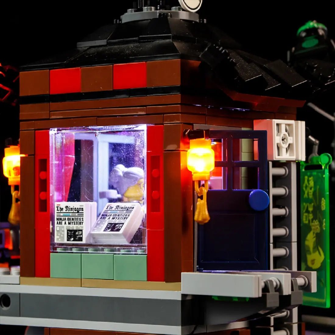 illuminated at night: Bright My Bricks LED light kit for LEGO® NINJAGO City Docks #70657