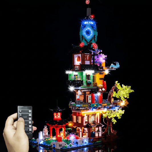 DIY LED light kit for LEGO® NINJAGO City Gardens #71741, fully illuminated on display