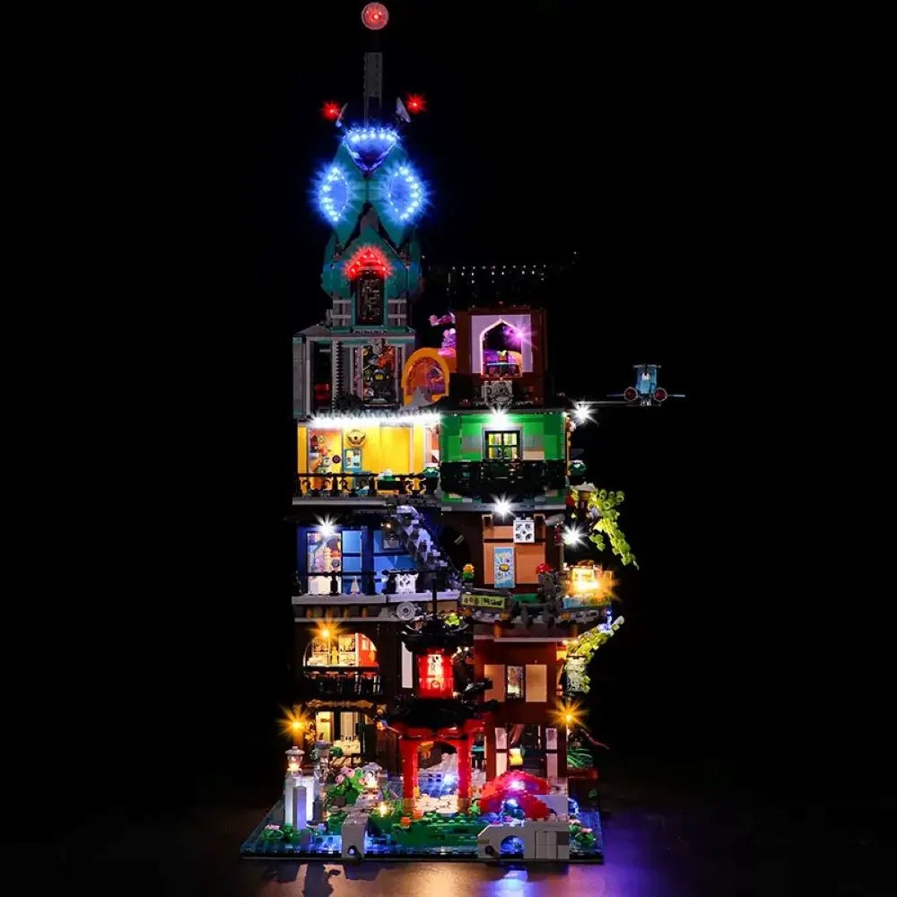 LEGO NINJAGO City Gardens #71741 illuminated at night