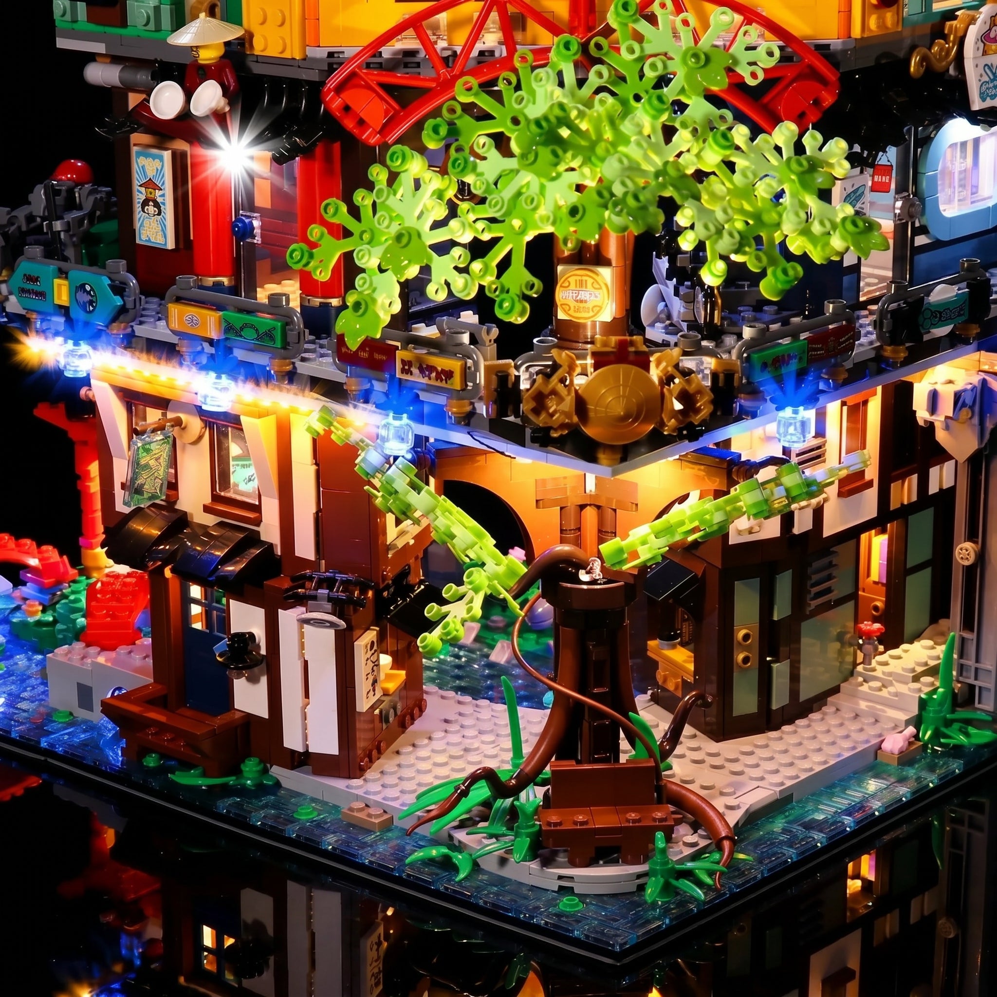 LEGO® NINJAGO City Gardens #71741 installed and glowing, with the DIY LED light kit