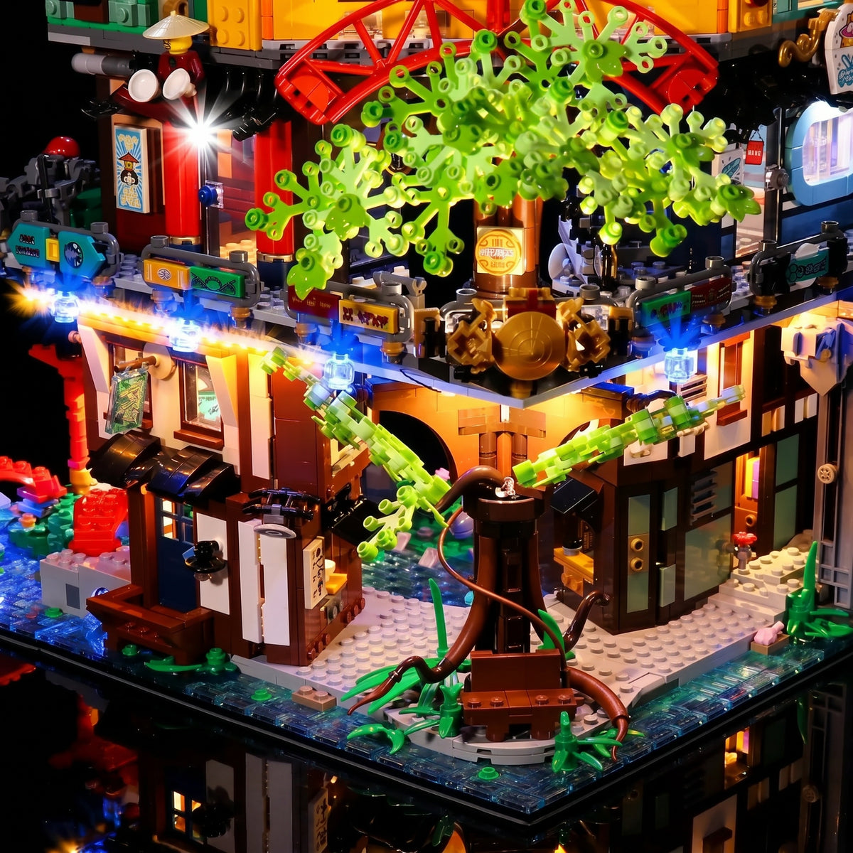LEGO® NINJAGO City Gardens #71741 installed and glowing, with the DIY LED light kit