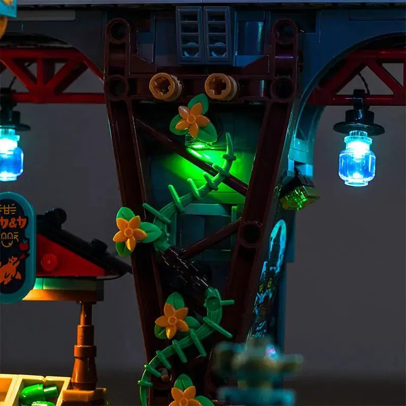 LED lighting kit for LEGO® Ninjago City Markets #71799, side angle with lights on