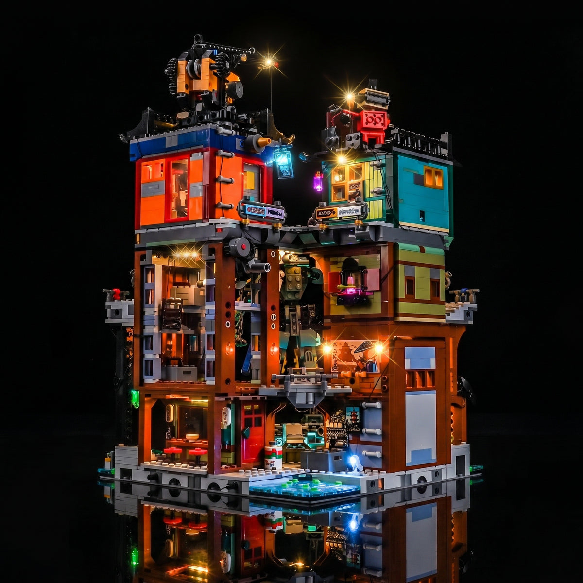 LEGO® NINJAGO City Workshops #71837 — illuminated at night (LED light kit)