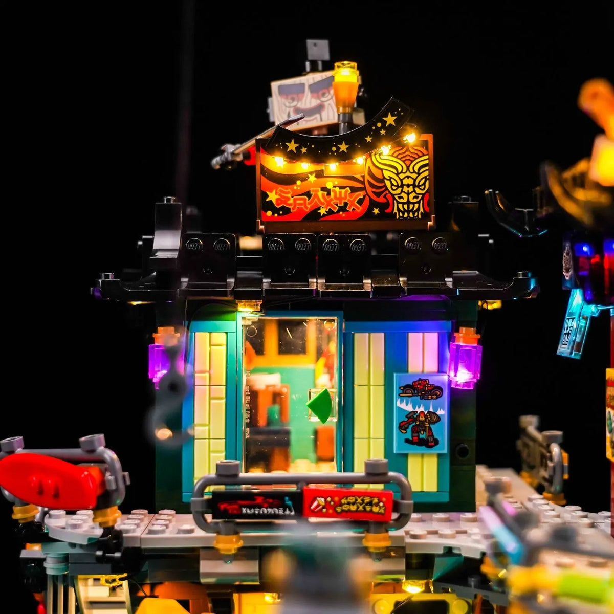 before-and-after lighting: Bright My Bricks premium LED light kit for LEGO® NINJAGO City Workshops #71837