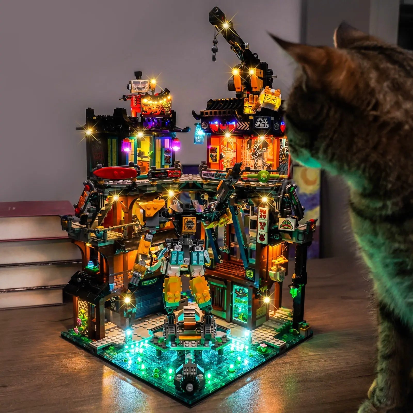 LEGO NINJAGO City Workshops #71837 illuminated at night