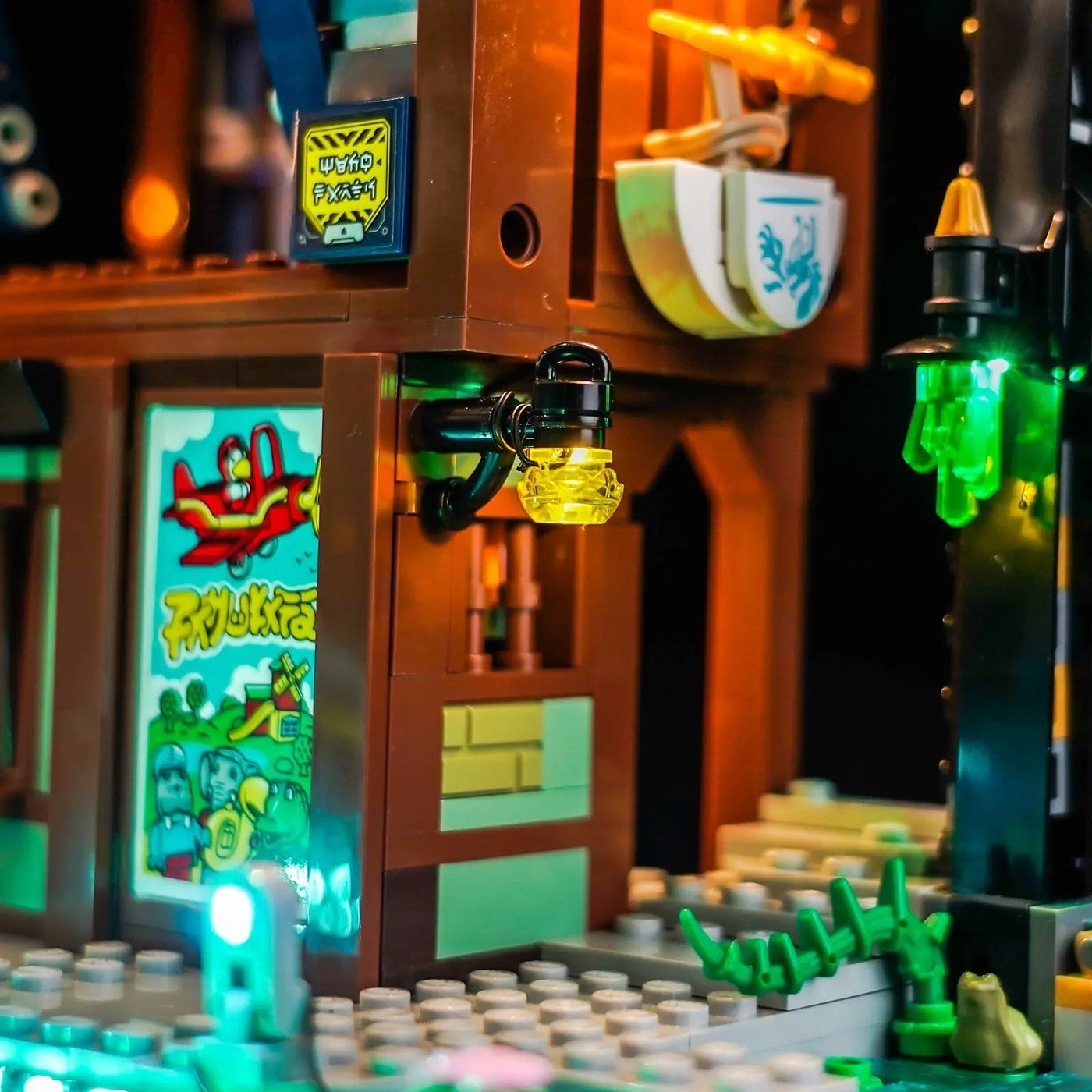 installed and glowing: Bright My Bricks custom LED lighting for LEGO® NINJAGO City Workshops #71837