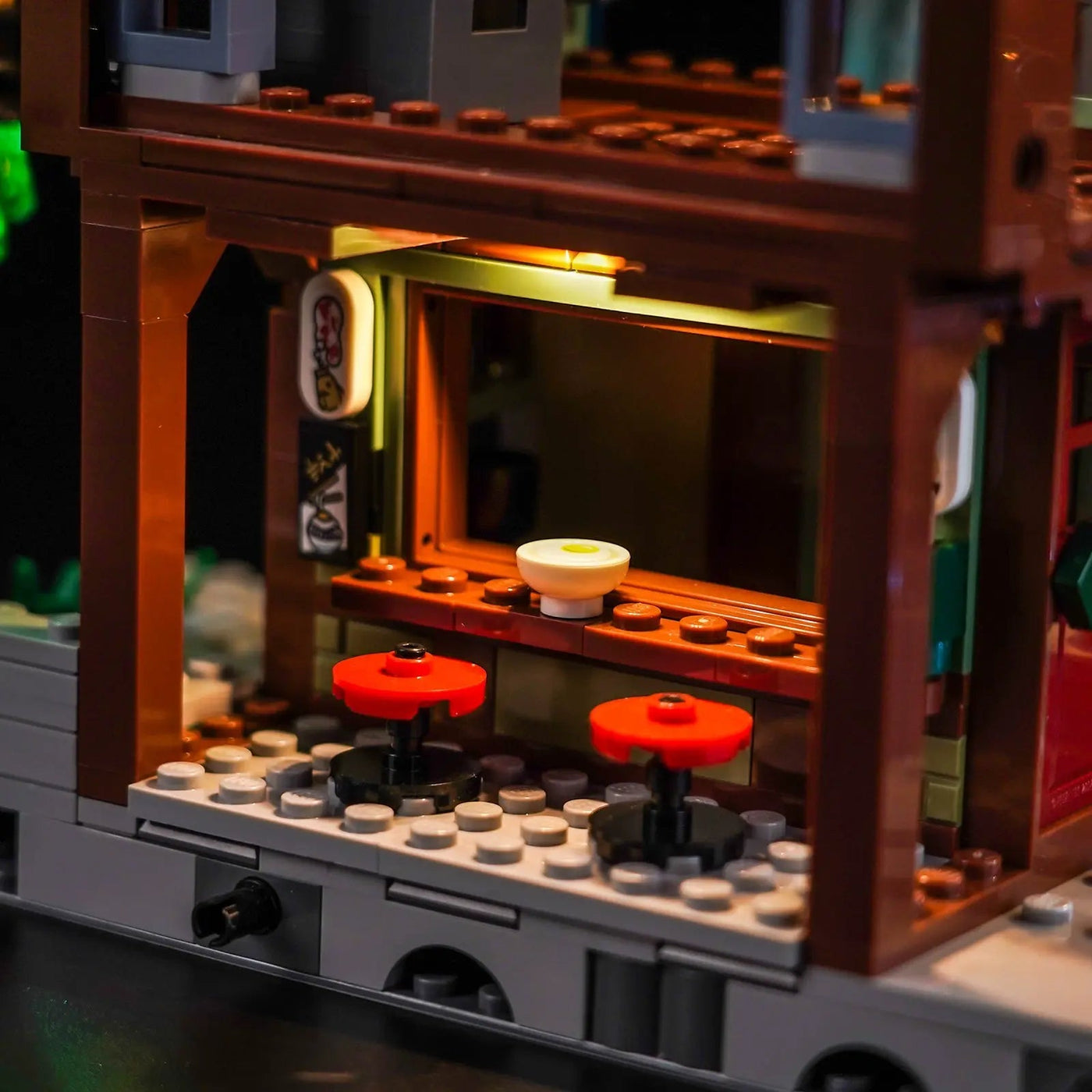 close-up of the LED lighting detail: Bright My Bricks USB-powered LED light kit for LEGO® NINJAGO City Workshops #71837