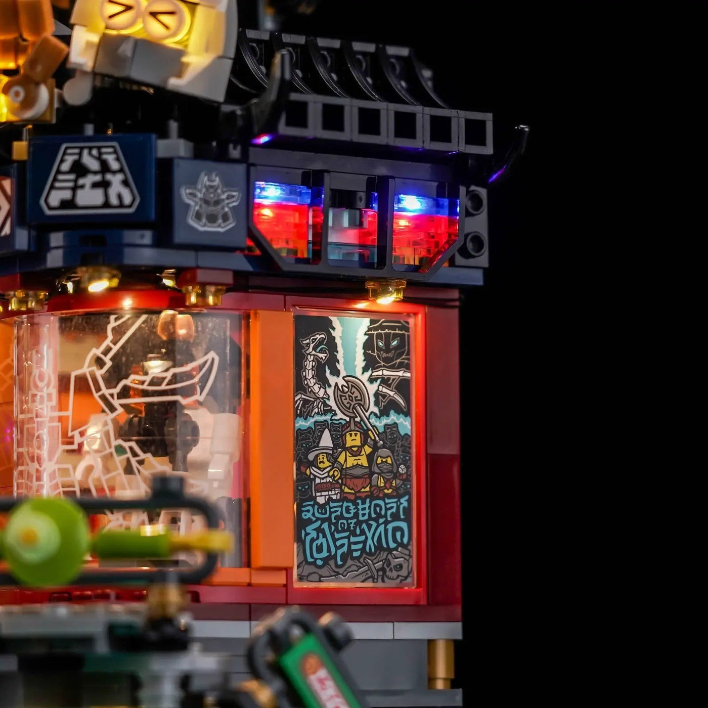 LEGO® NINJAGO City Workshops #71837 showcase lighting view, with the display light kit