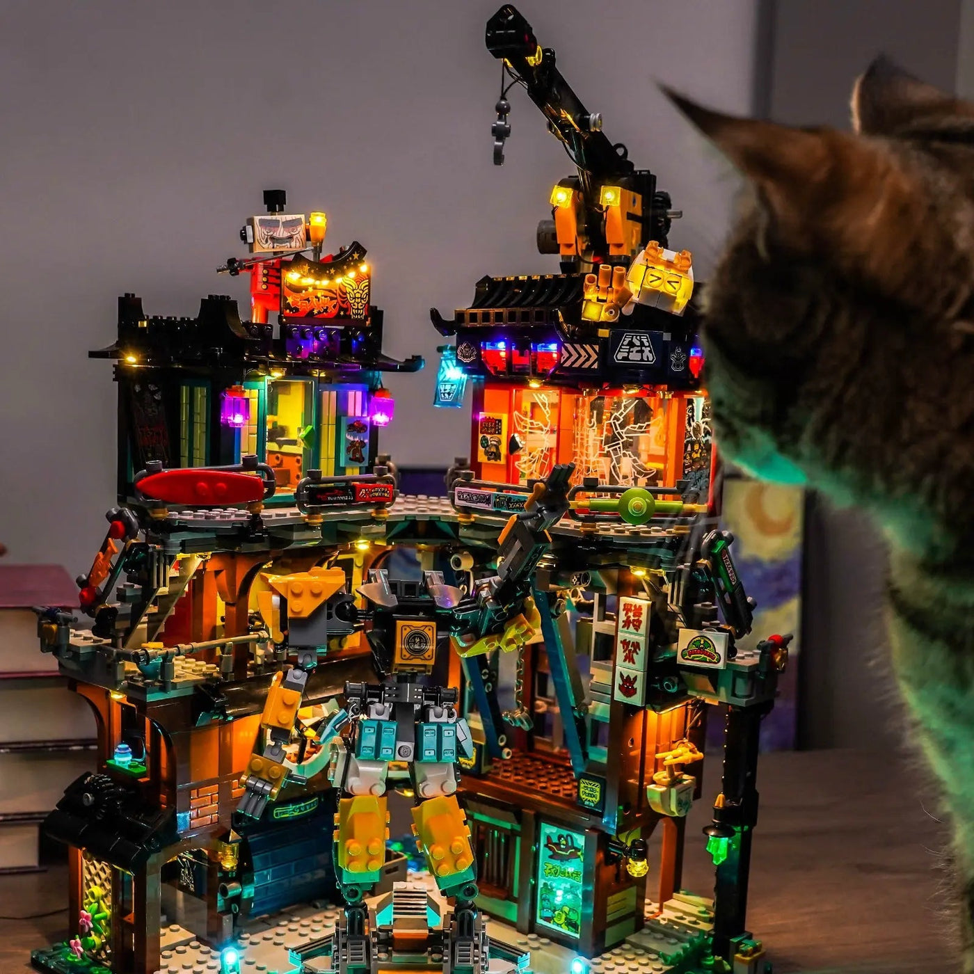 fully illuminated on display: Bright My Bricks LED light kit for LEGO® NINJAGO City Workshops #71837