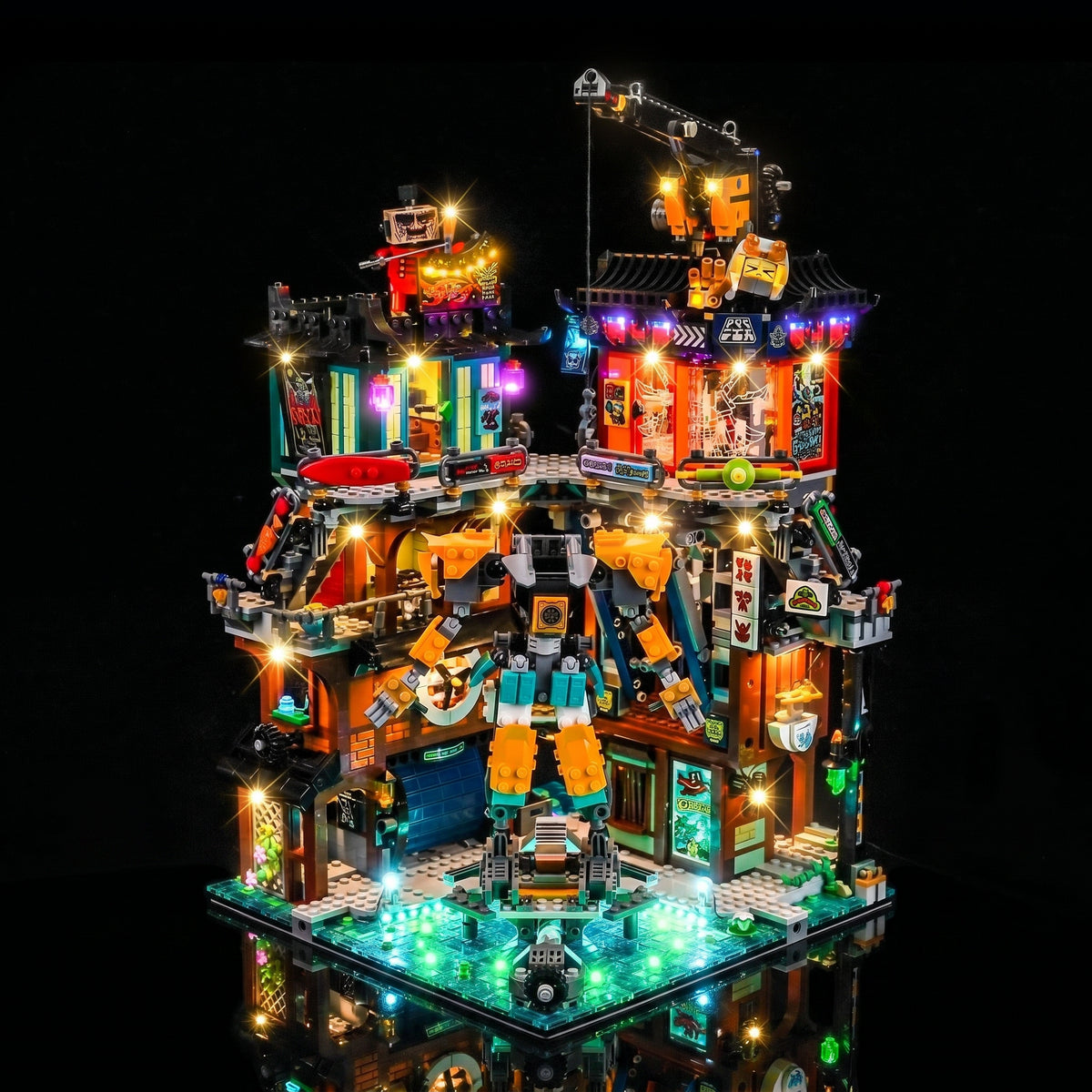 LEGO® NINJAGO City Workshops #71837 — front view fully lit (LED lights)