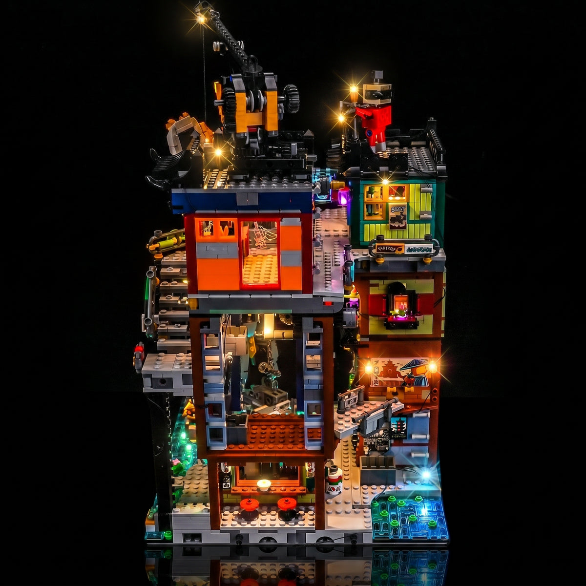 DIY LED light kit for LEGO® NINJAGO City Workshops #71837, installed and glowing