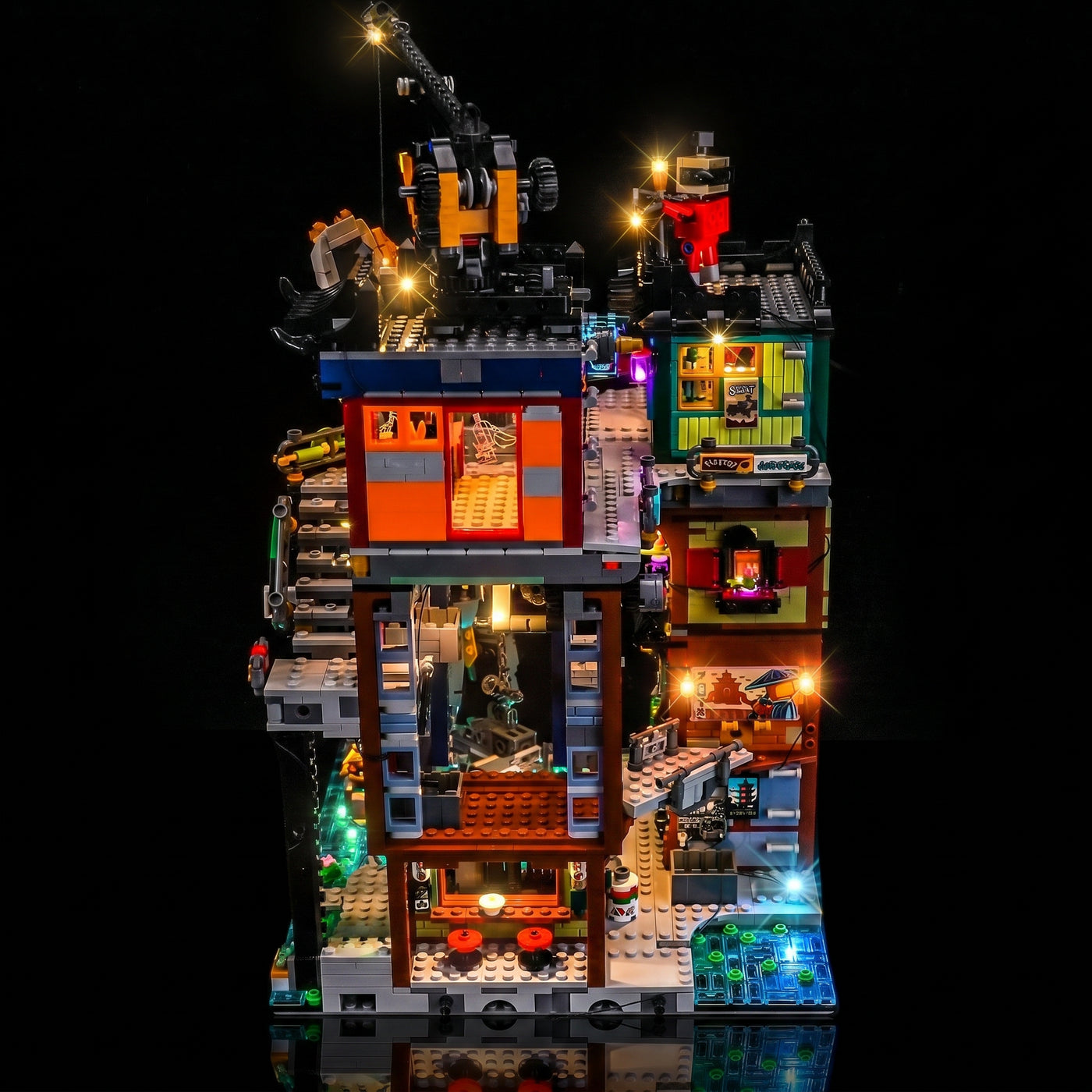 DIY LED light kit for LEGO® NINJAGO City Workshops #71837, installed and glowing