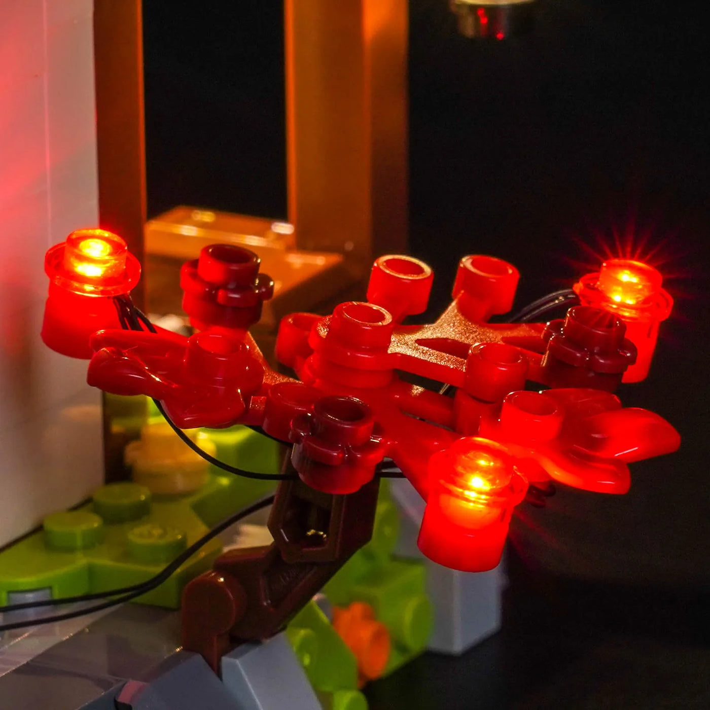 Bright My Bricks display light kit for LEGO® Ninjago Four Weapons Blacksmith 15th Anniversary #71858 — warm LED glow detail