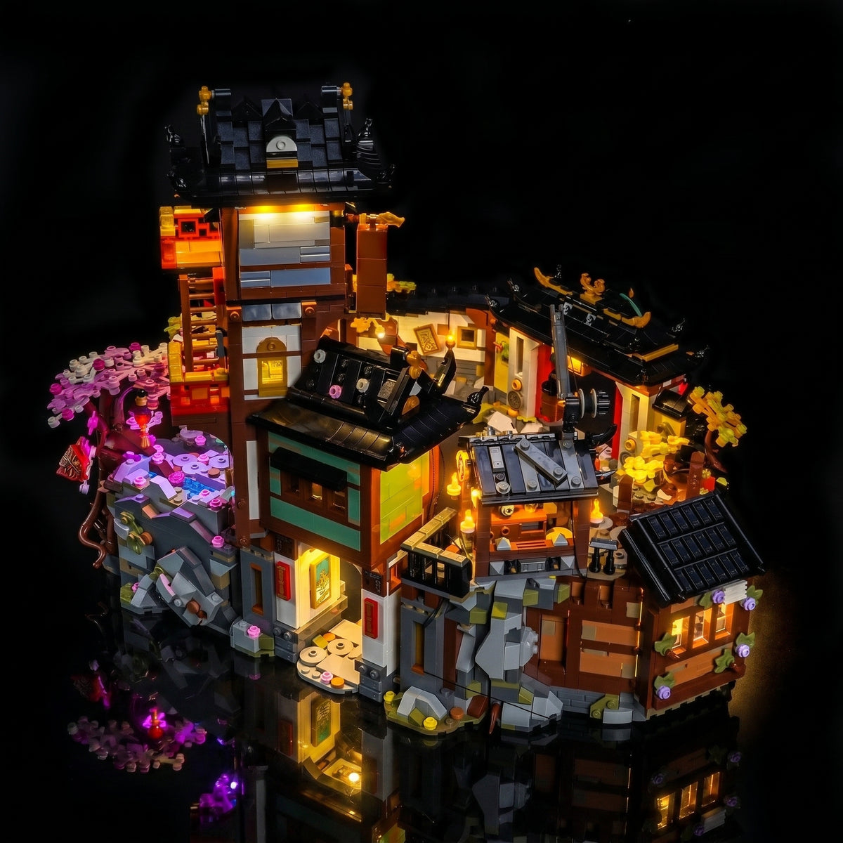 Bright My Bricks custom LED lighting for LEGO® NINJAGO The Old Town 15th Anniversary #71861 — warm LED glow detail