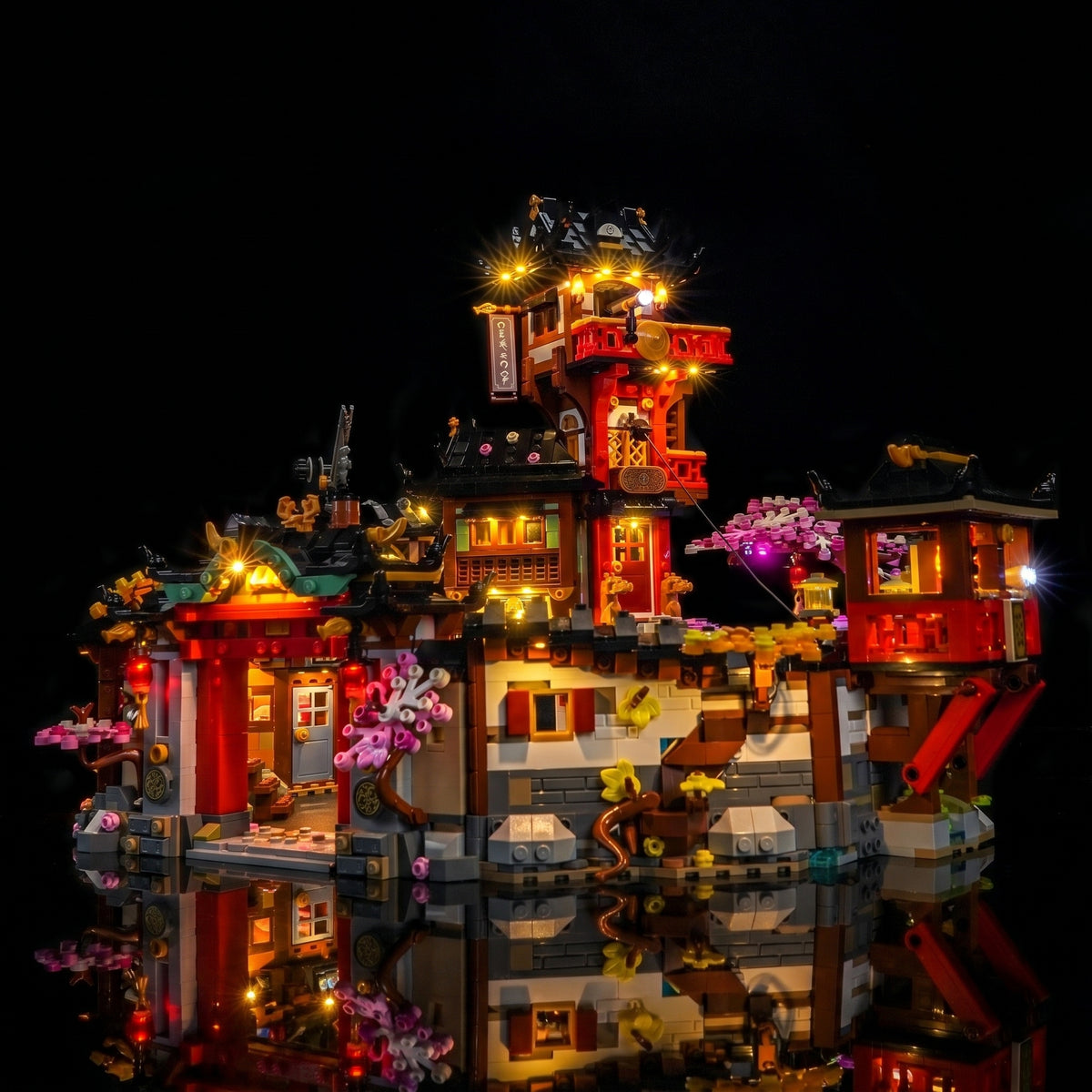 Bright My Bricks DIY LED light kit for LEGO® NINJAGO The Old Town 15th Anniversary #71861 — installed and glowing