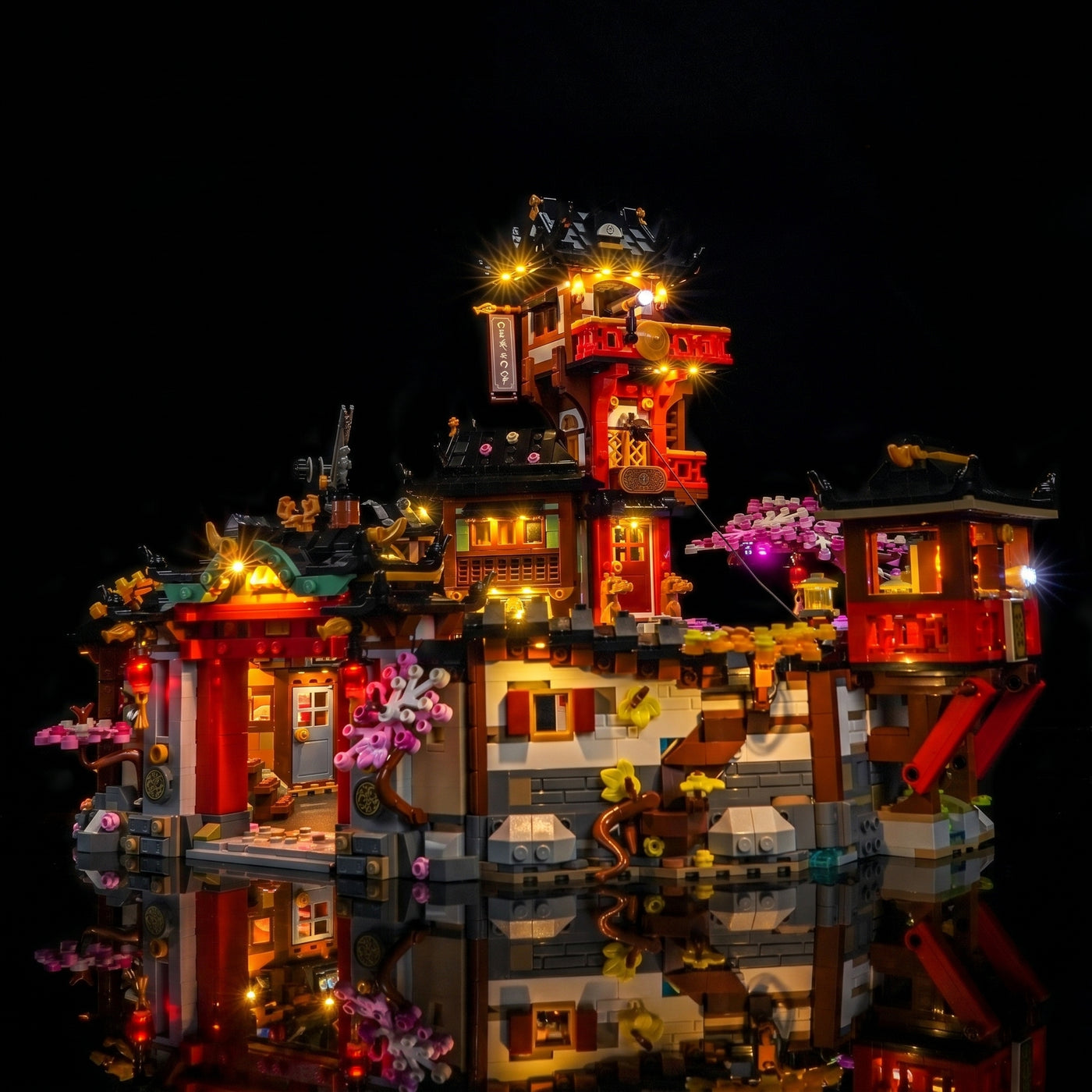 Bright My Bricks DIY LED light kit for LEGO® NINJAGO The Old Town 15th Anniversary #71861 — installed and glowing