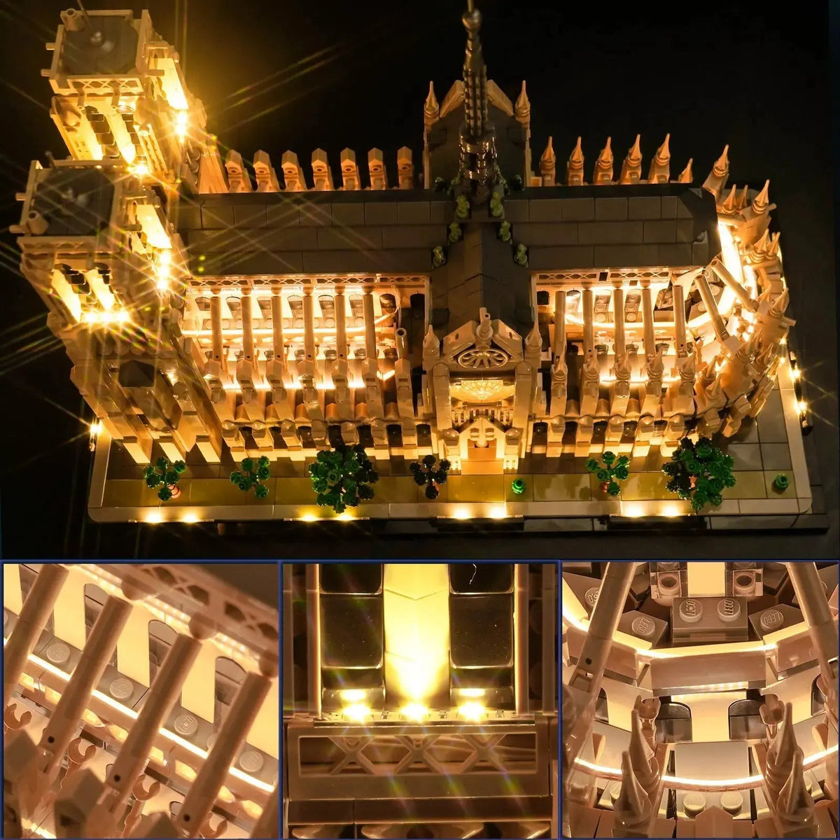 USB-powered LED light kit for LEGO® Notre-Dame de Paris #21061, fully illuminated on display