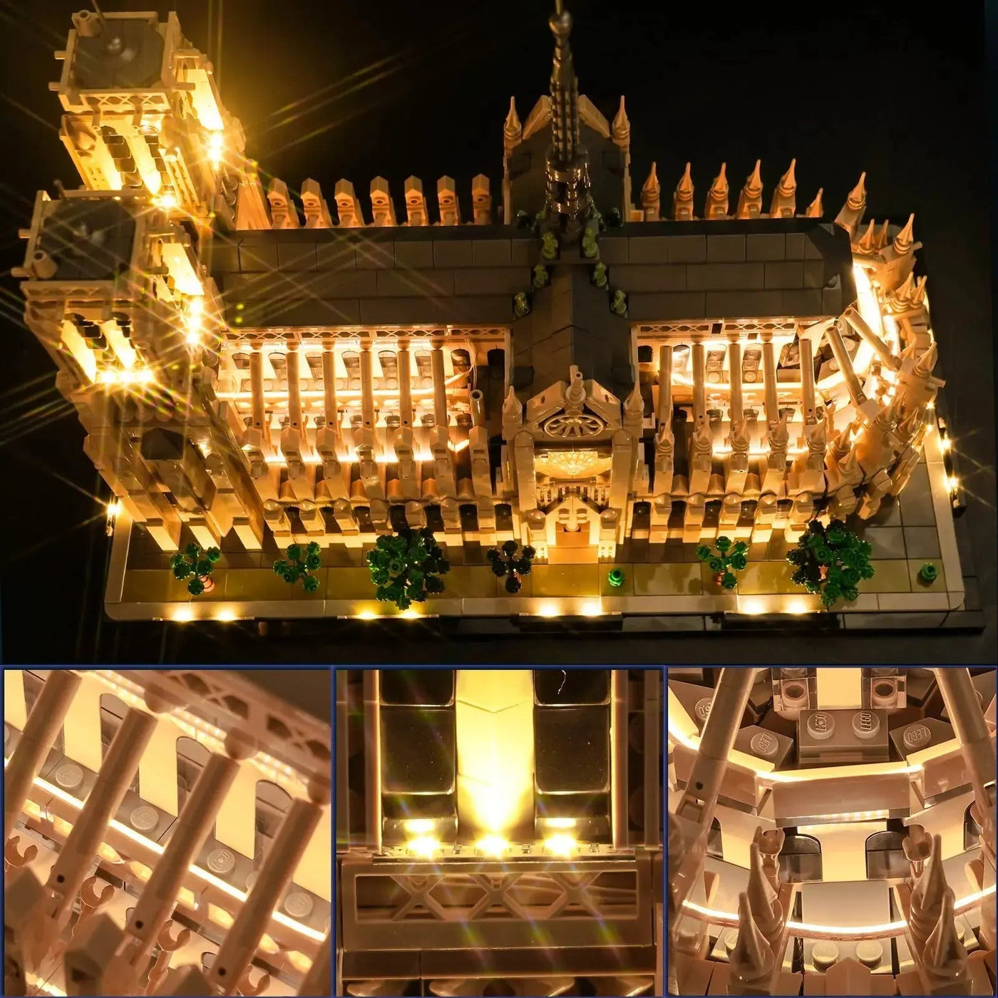 USB-powered LED light kit for LEGO® Notre-Dame de Paris #21061, fully illuminated on display