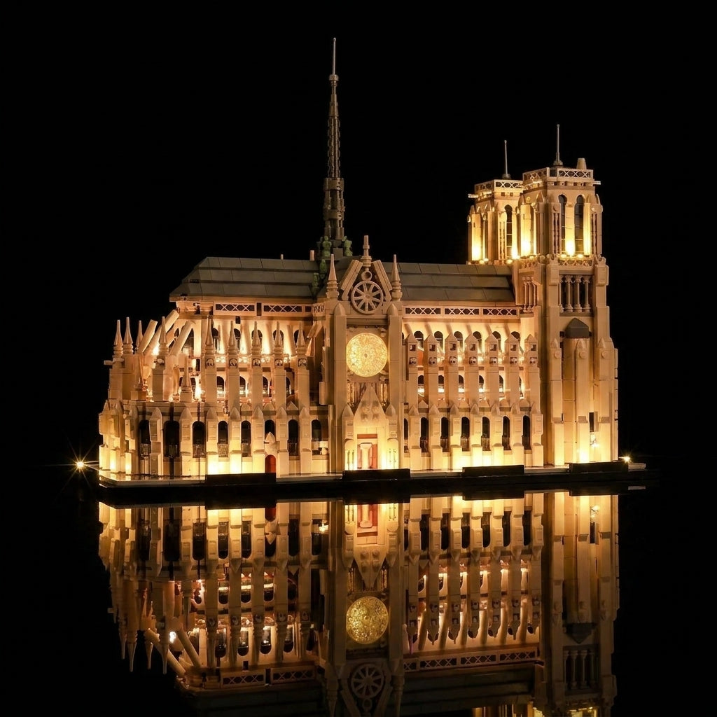 Close-up of LED lights on LEGO Notre-Dame de Paris #21061