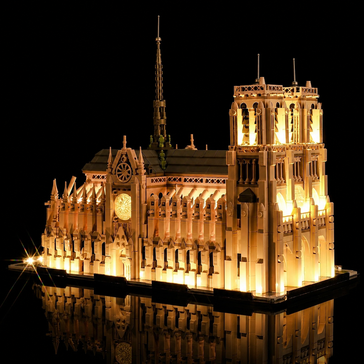 LEGO® Notre-Dame de Paris #21061 fully illuminated on display, with the LED lighting kit