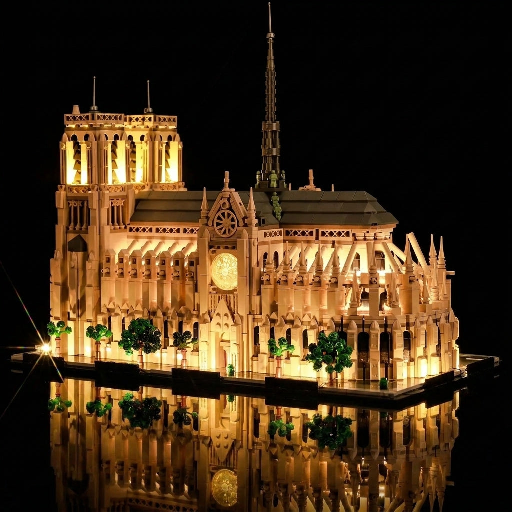 LEGO Notre-Dame de Paris #21061 lit up - front angle