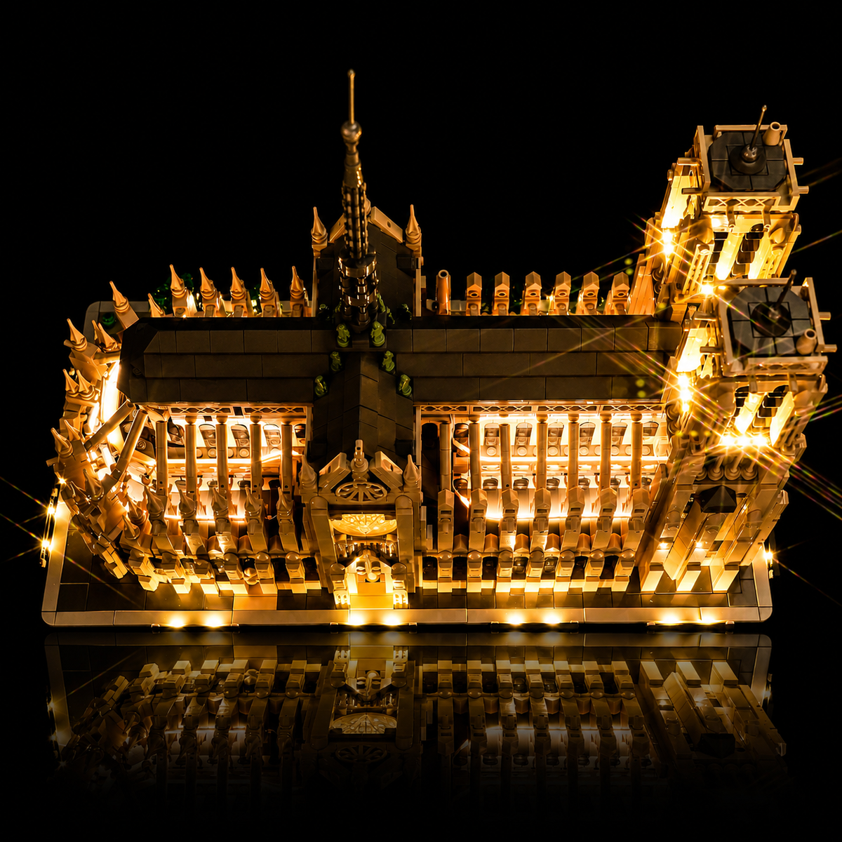 LEGO® Notre-Dame de Paris #21061 fully illuminated on display, with the light kit