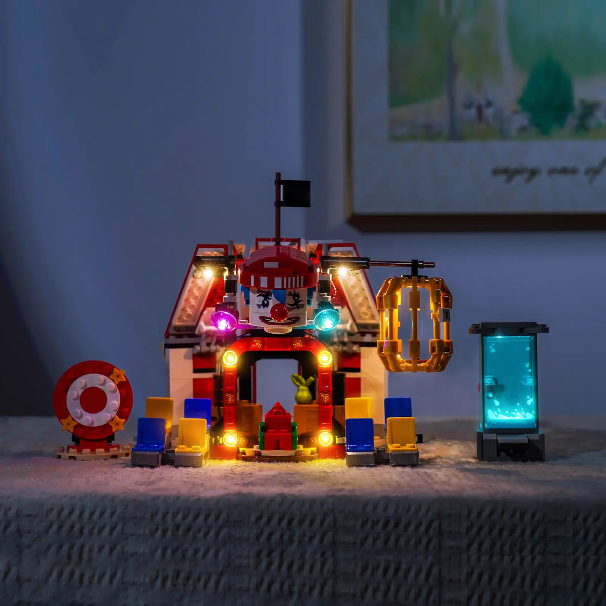 LEGO® One Piece Buggy the Clown's Circus Tent #75637 installed and glowing, with the LED lighting kit