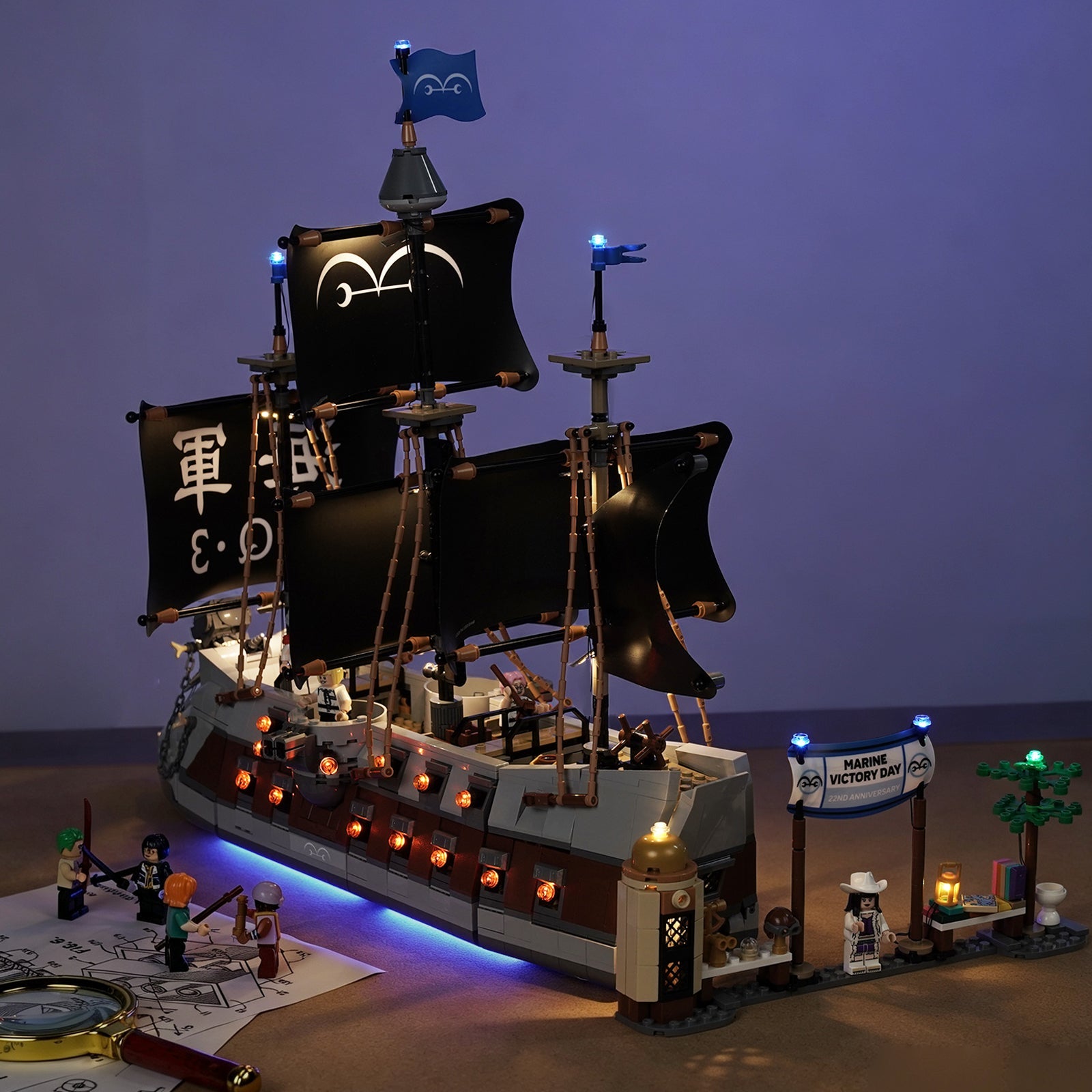Bright My Bricks LED light kit for LEGO® One Piece Garp's Marine Battleship #75646 — fully illuminated on display