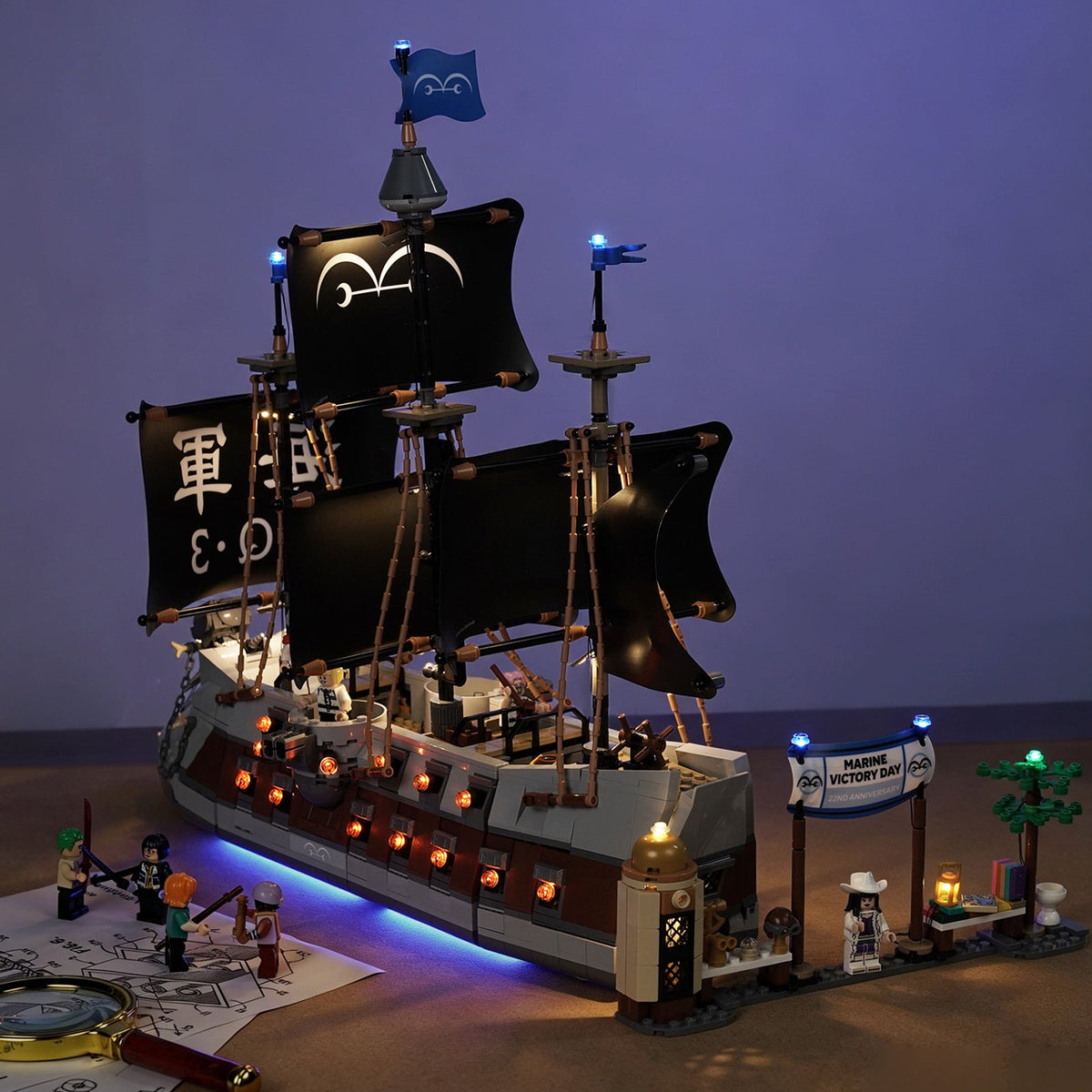 Bright My Bricks LED light kit for LEGO® One Piece Garp's Marine Battleship #75646 — fully illuminated on display