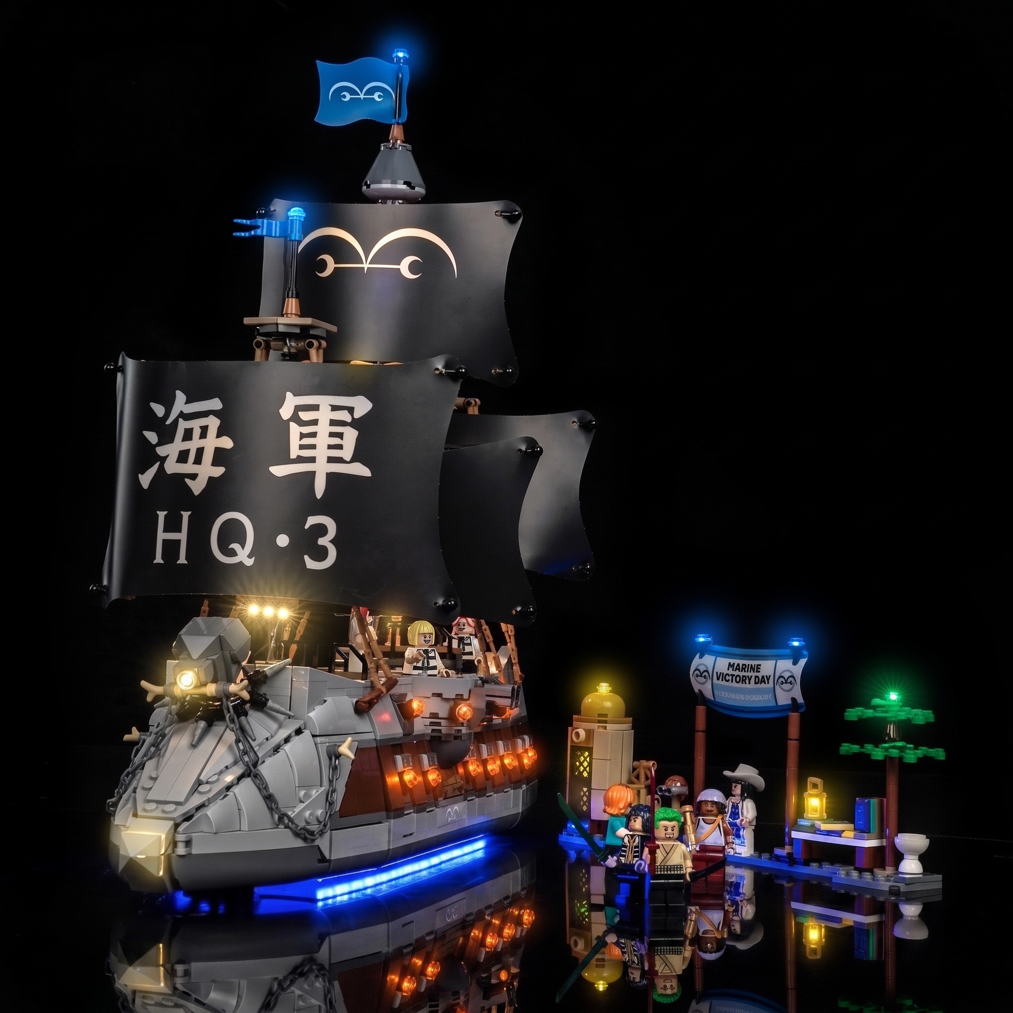 before-and-after lighting: Bright My Bricks LED lighting kit for LEGO® One Piece Garp's Marine Battleship #75646