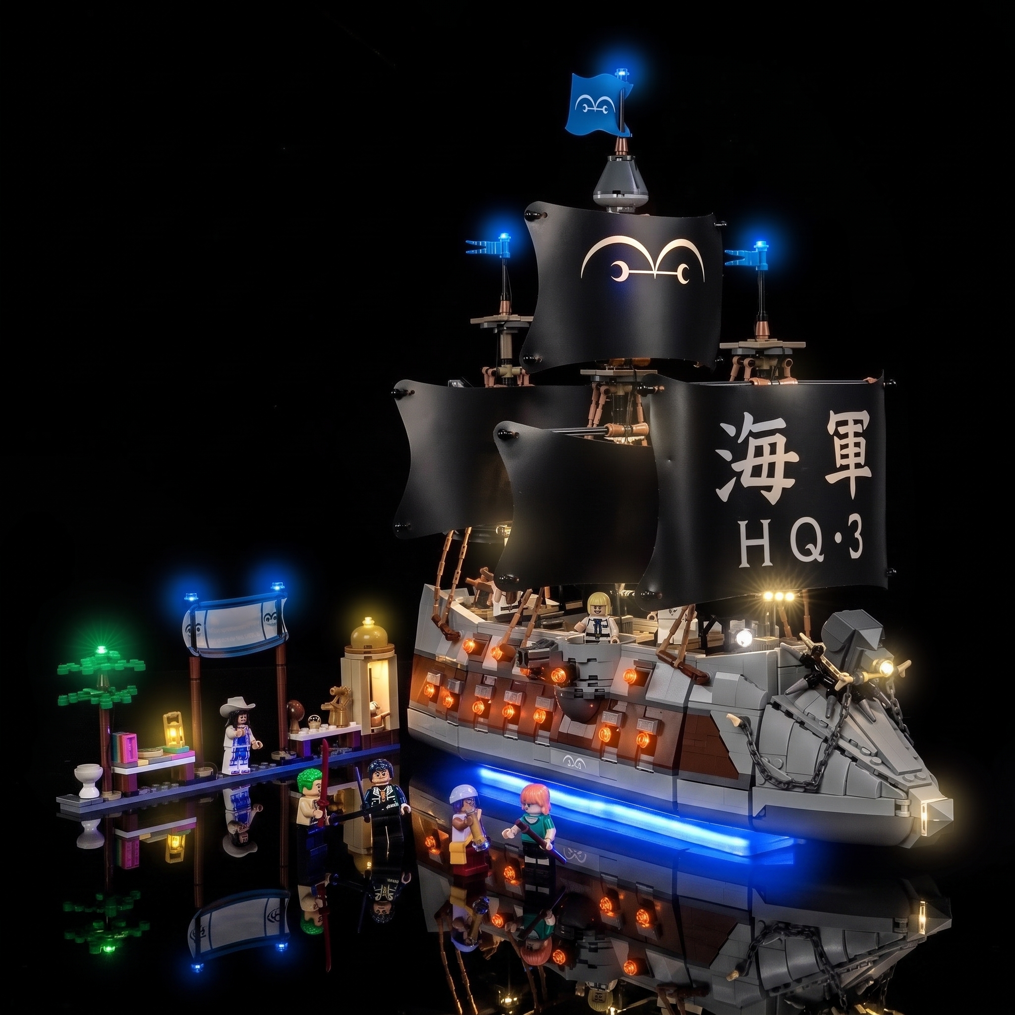 LEGO® One Piece Garp's Marine Battleship #75646 lighting effect on the build, with the premium LED light kit