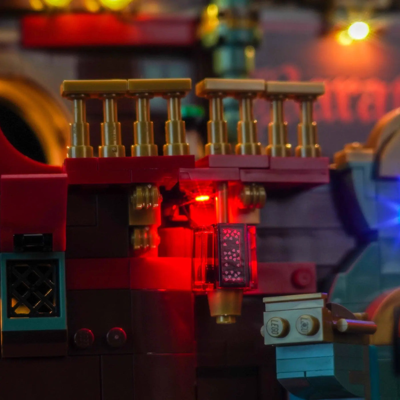 LEGO® One Piece The Baratie Floating Restaurant #75640 LED strips and bricks detail, with the custom LED lighting