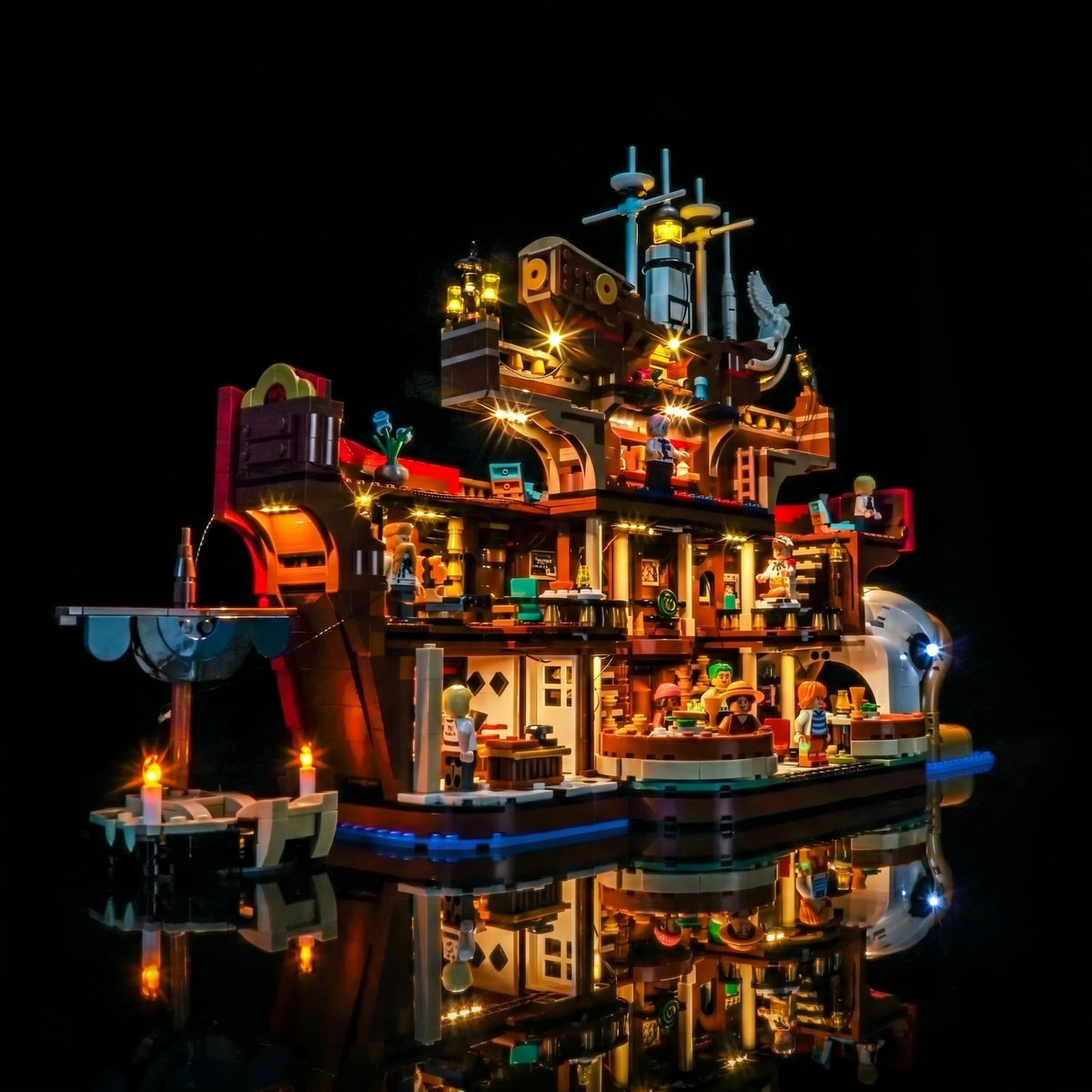 LEGO® One Piece The Baratie Floating Restaurant #75640 installed and glowing, with the premium LED light kit