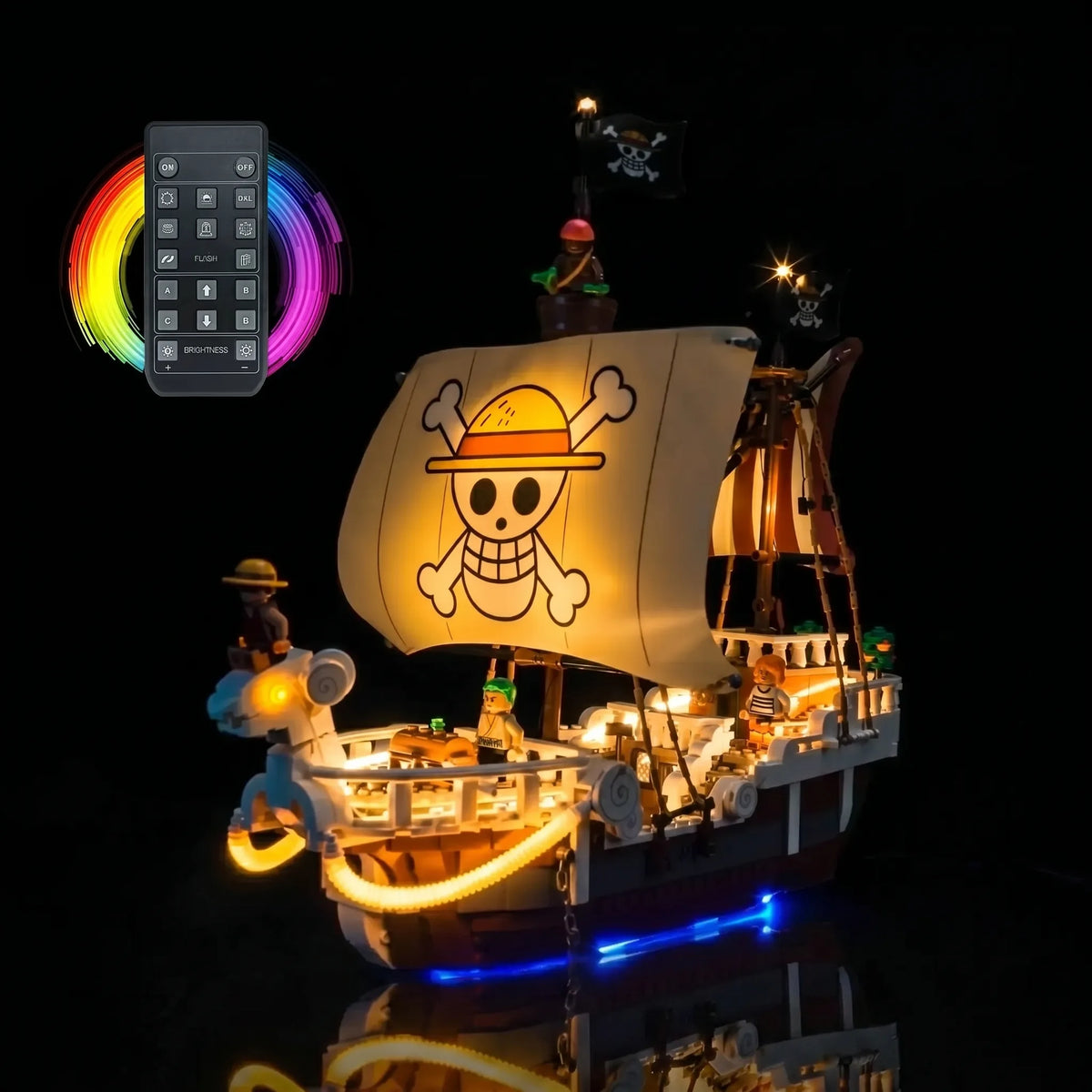 Bright My Bricks custom LED lighting for LEGO® One Piece The Going Merry Pirate Ship #75639 — fully illuminated on display