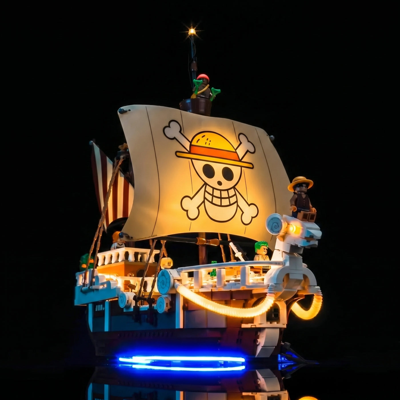 installed and glowing: Bright My Bricks LED light kit for LEGO® One Piece The Going Merry Pirate Ship #75639