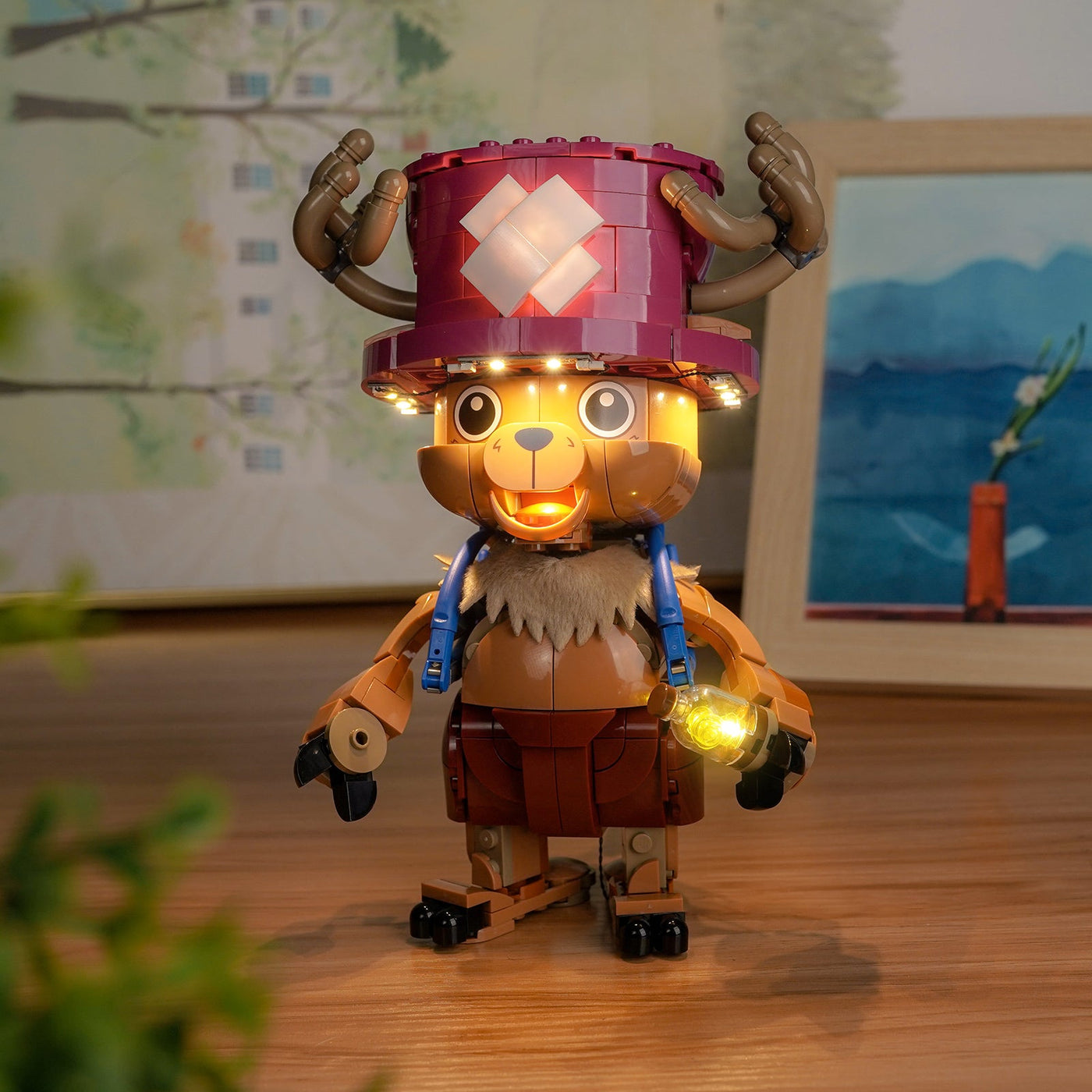 LEGO® One Piece Tony Tony Chopper #75643 the face lit from above, with the USB-powered LED light kit