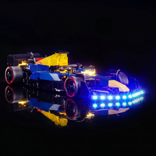 Bright My Bricks custom LED lighting for LEGO® Oracle Red Bull Racing RB20 F1 Race Car #77243 — night-mode display glow