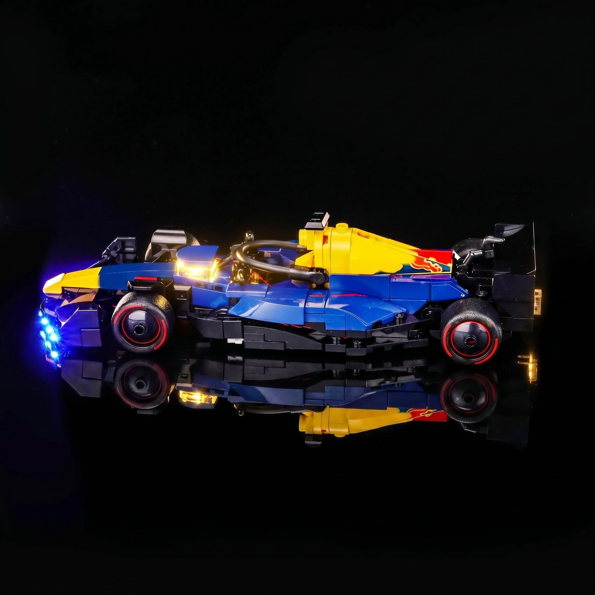 LEGO® Oracle Red Bull Racing RB20 F1 Race Car #77243 lighting effect on the build, with the USB-powered LED light kit