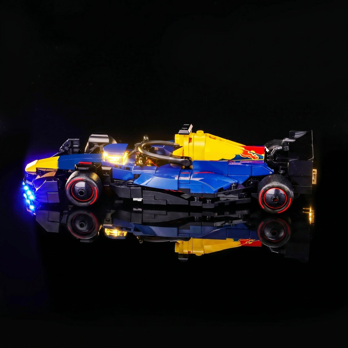 LEGO® Oracle Red Bull Racing RB20 F1 Race Car #77243 lighting effect on the build, with the USB-powered LED light kit