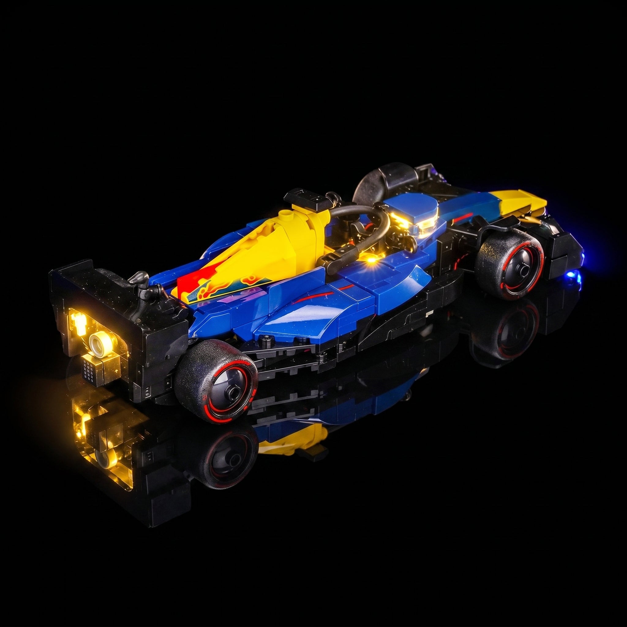 LEGO® Oracle Red Bull Racing RB20 F1 Race Car #77243 installed and glowing, with the light kit