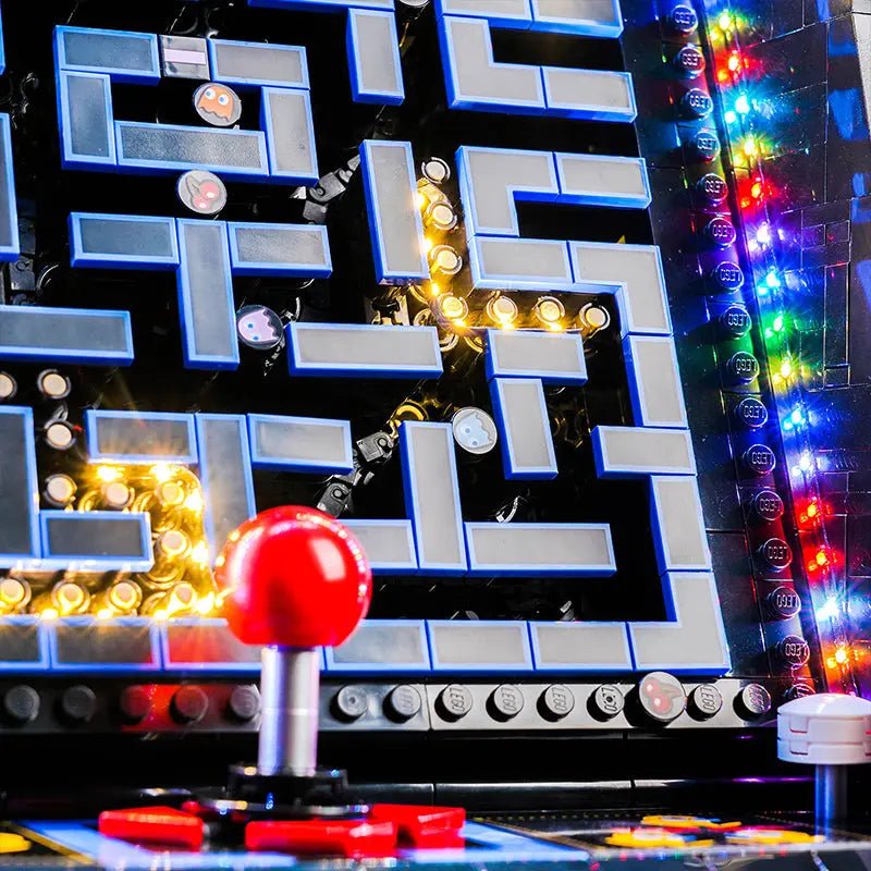 Bright My Bricks DIY LED light kit for LEGO® PAC-Man Arcade #10323 — front view fully lit