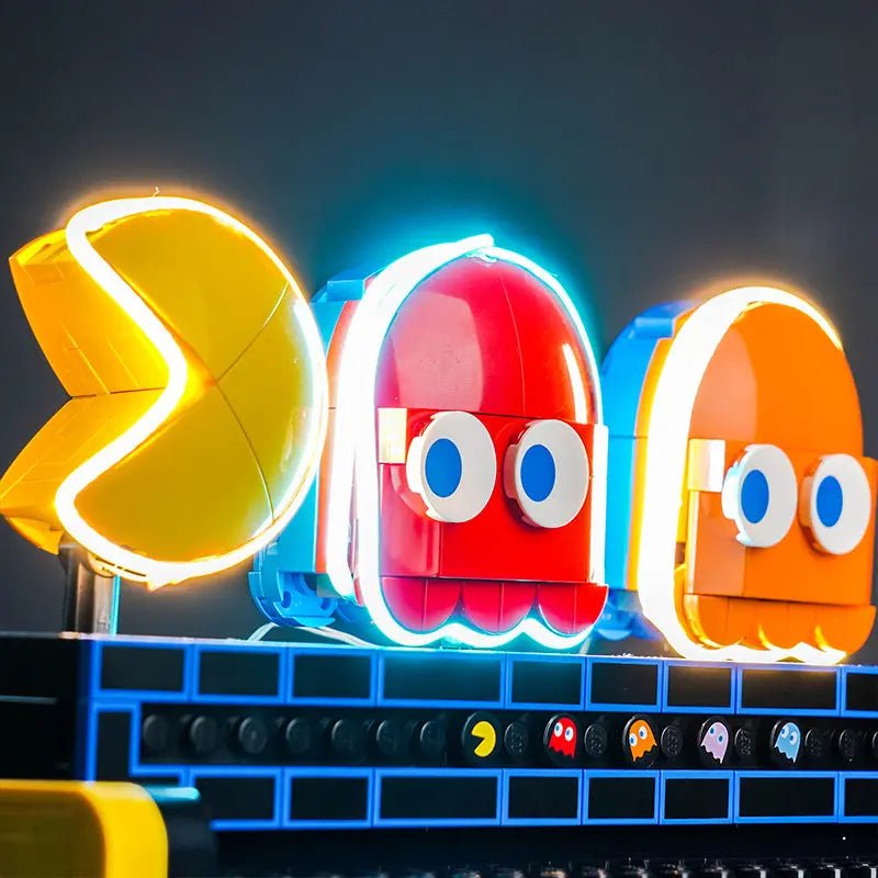 LEGO® PAC-Man Arcade #10323 LED strips and bricks detail, with the custom LED lighting