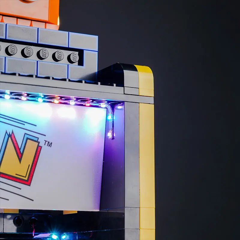 LEGO® PAC-Man Arcade #10323 installed and glowing, with the LED lighting kit