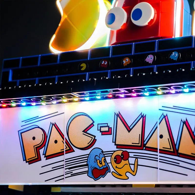 LEGO® PAC-Man Arcade #10323 — front view fully lit (premium LED light kit)